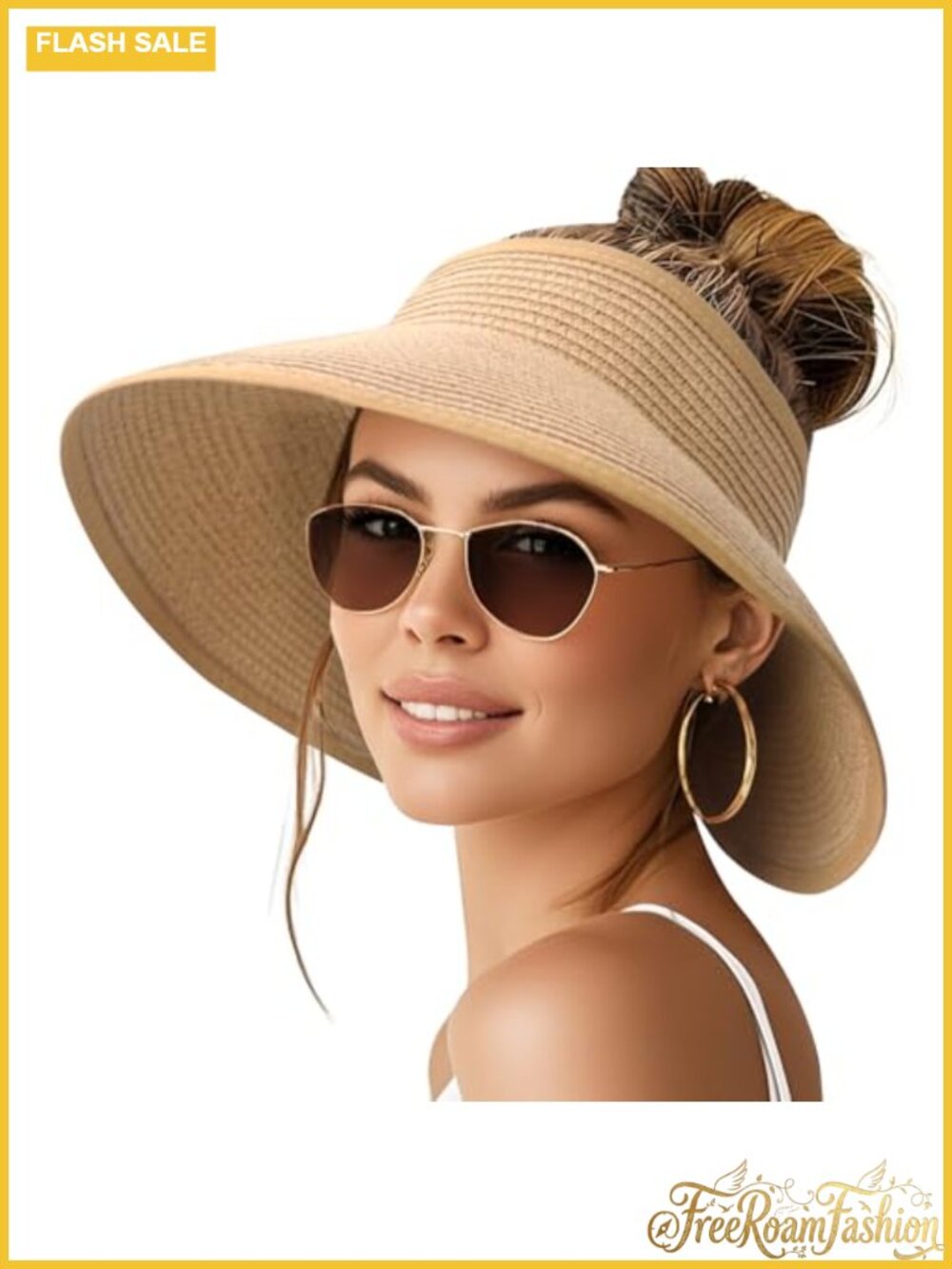 Wide Brim Ponytail Straw Sun Hat Foldable UV Protection Beach